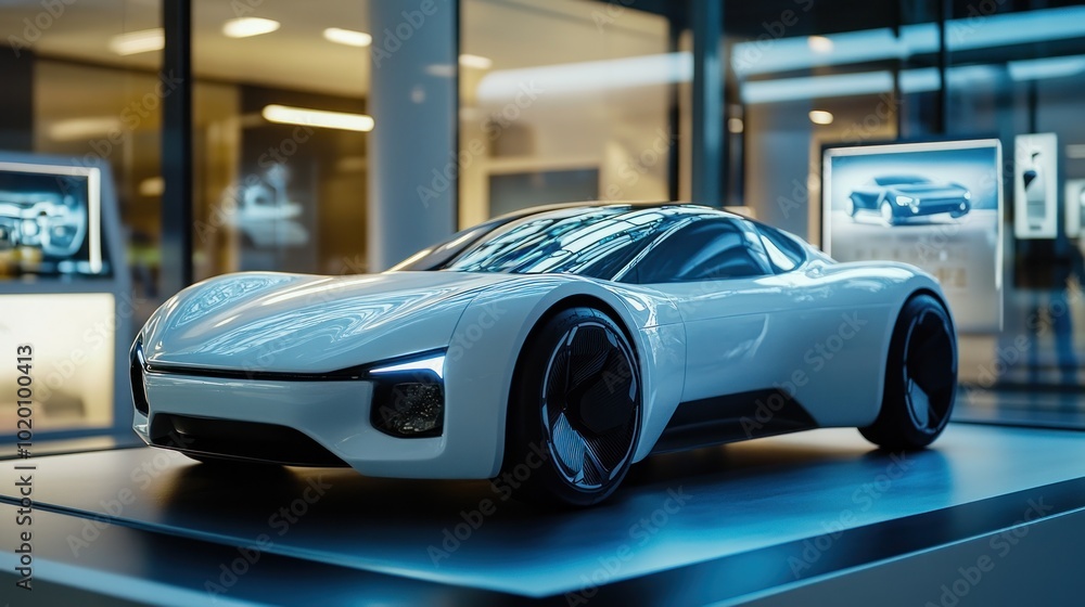 Poster a display in the design room shows a 3d rendering of a new electric car, emphasizing environmentally