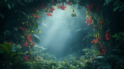 Obraz premium Lush Tropical Forest with Red Flowers and a Misty Clearing
