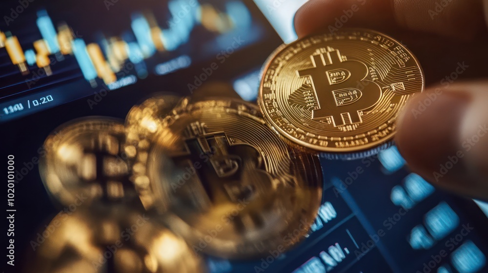 Poster users are shown exchanging digital currencies between two coins via a modern and secure trading app.