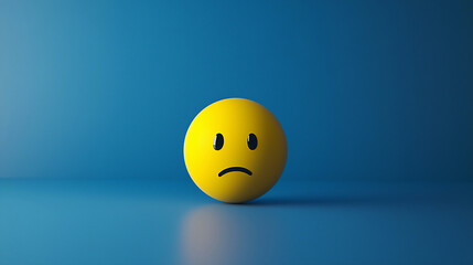 Fototapeta premium Sad face emoji ball on blue background with copy space. Sadness, emotions and melancholy concept.