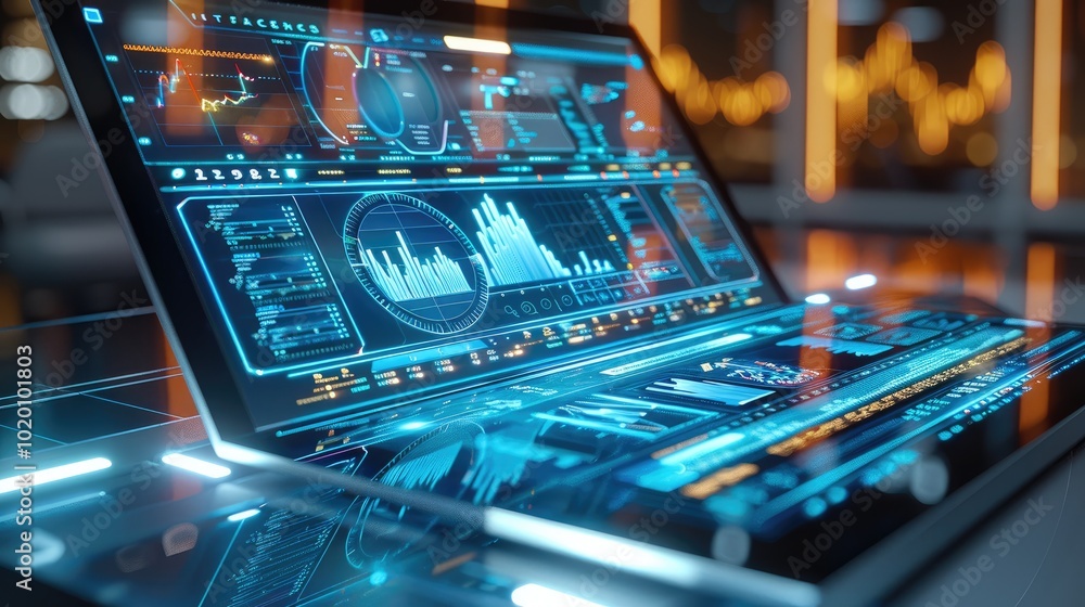 Poster futuristic frameless transparent tabletop touchscreen on modern bright trading desk to manipulate co