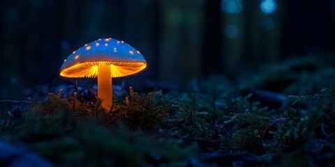 Fototapeta premium Glowing bioluminescent mushroom in a dark forest