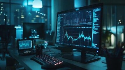 Fototapeta premium A computer screen showing charts and real-time stock trading data. Users are analyzing the market in a modern office.