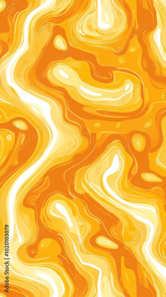 Poster this artwork features a dynamic abstract pattern with swirling shapes in bright orange and yellow to