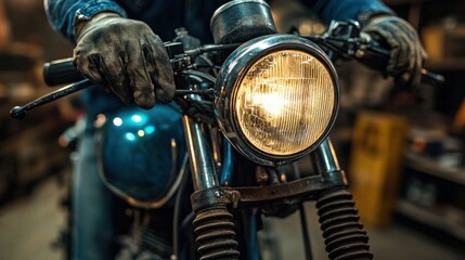 Installing a new headlight on a restored motorcycle. The mechanic checks the electrical system to ensure it works at its best.