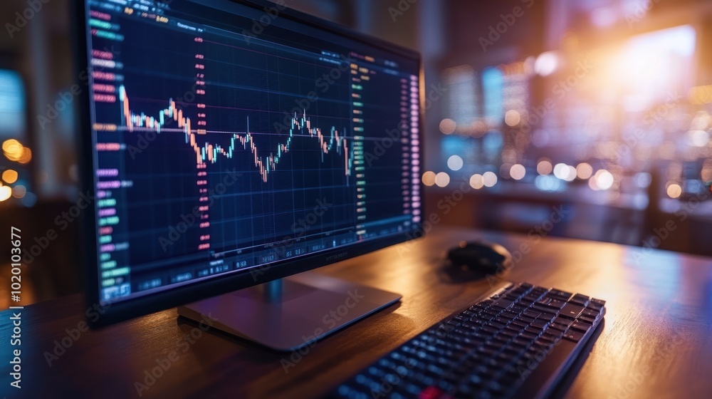 Poster a computer screen shows real-time cryptocurrency charts and trading data. fast and fluid trading.