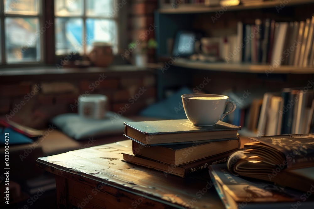 Fototapete a warm and inviting space features a cup of coffee atop stacked books, ideal for enjoying a quiet af