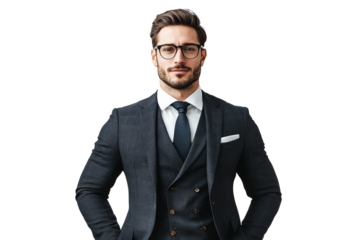 Confident business man dressed in a sharp suit with glasses, posing elegantly for a professional portrait.