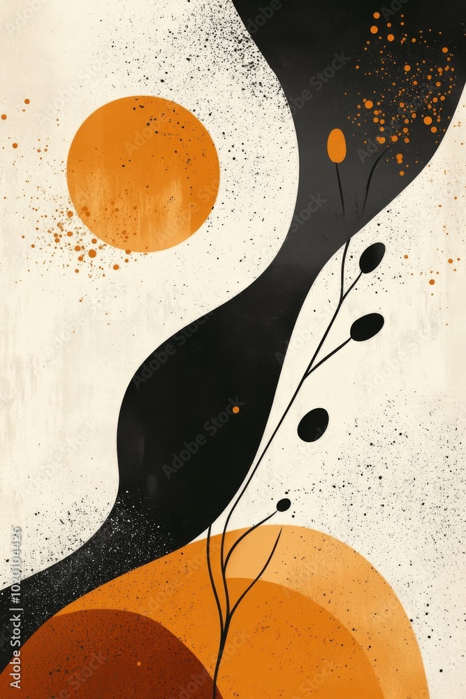 Poster this artwork displays a harmonious blend of orange and black shapes interspersed with organic lines 