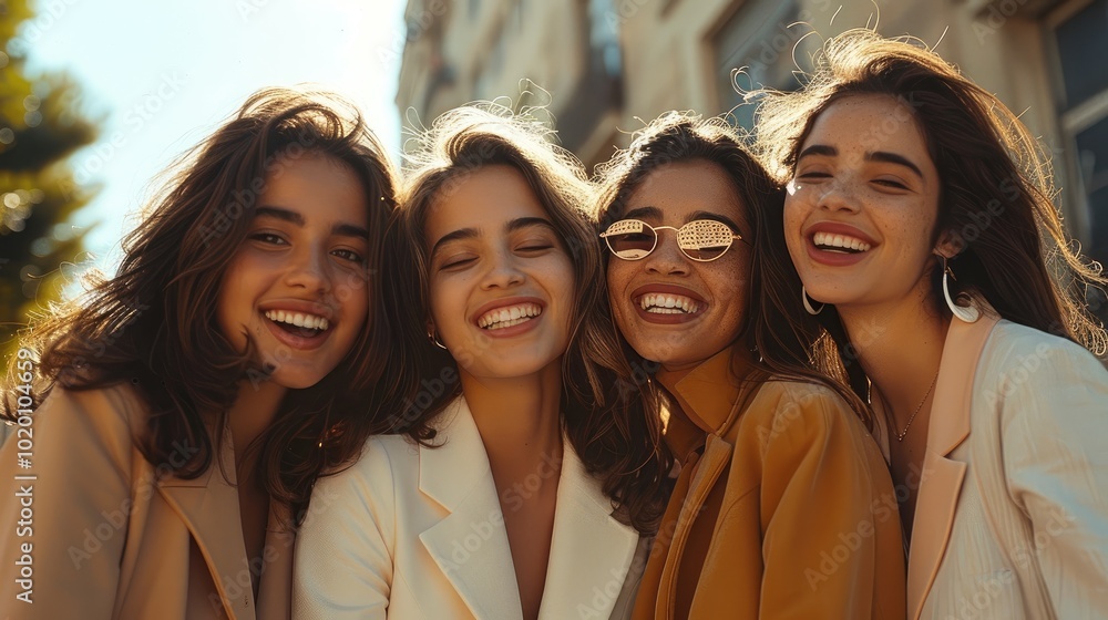 Sticker A team of pretty happy women dressed in light tones, oversized blazers and dresses.