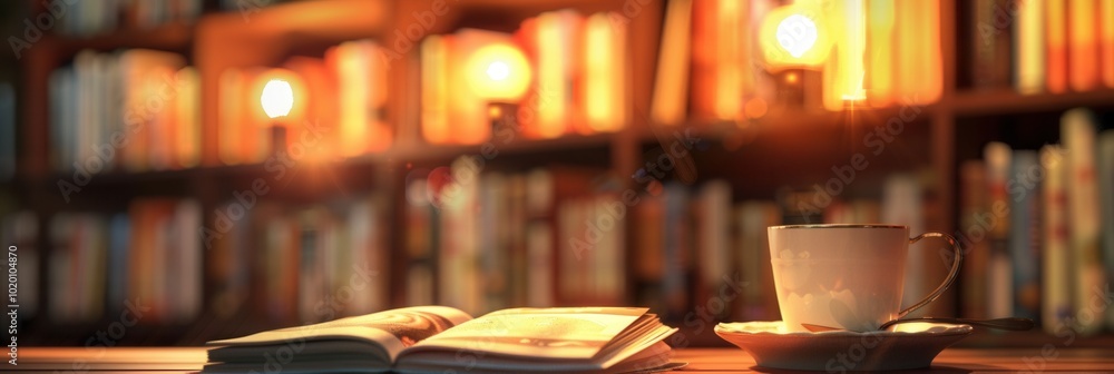Fototapete Warm lights illuminate an inviting space where open books and a cup of coffee create a perfect atmosphere for reading. Generative AI