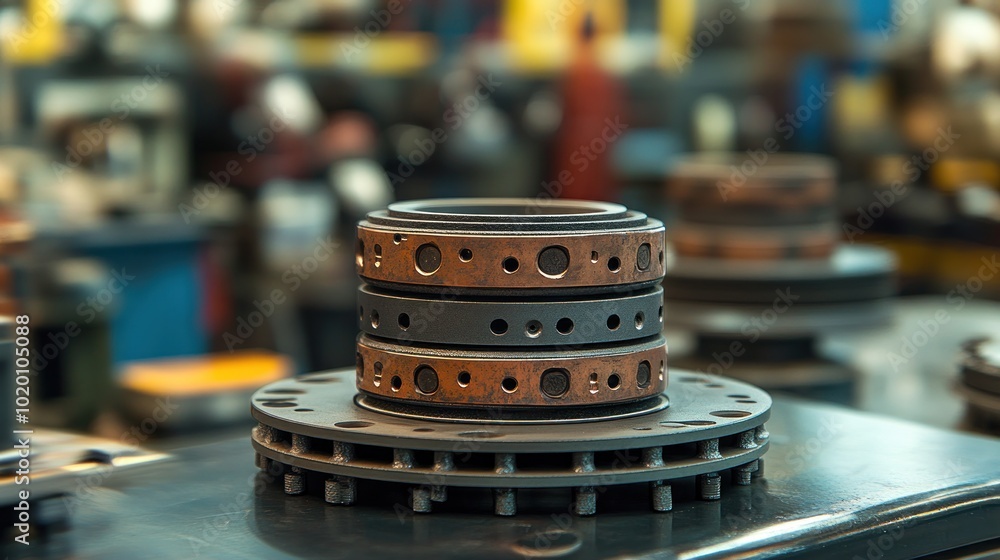 Poster a set of brake pads on a table in a garage shows the quality and importance of maintaining the brake