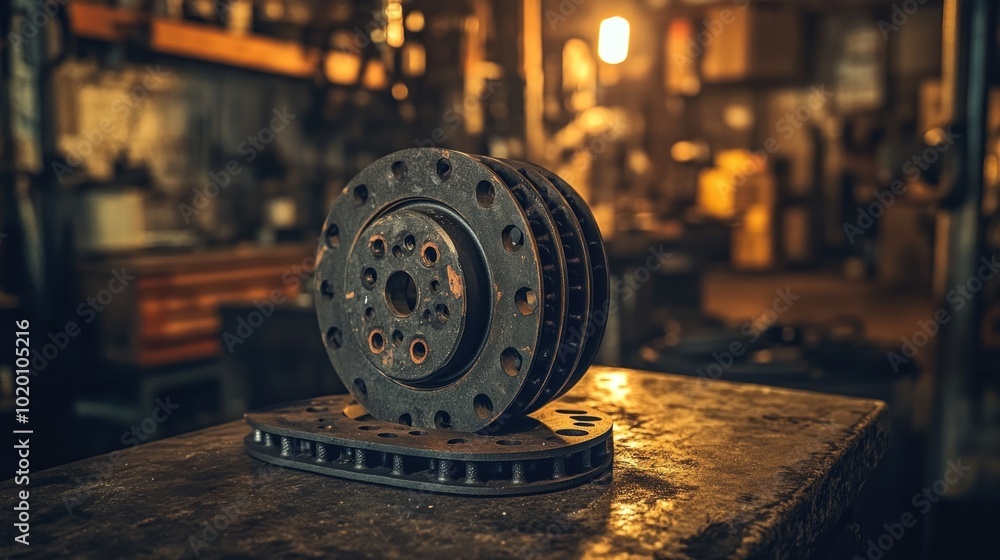 Poster a set of brake pads on a table in a garage shows the quality and importance of maintaining the brake