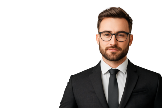 Confident businessman wearing glasses and a suit, isolated on a white background. - Powered by Adobe