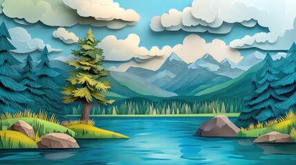 Scenic view featuring a lake a tree and mountains with a forested area beneath a blue cloudy sky Lakeside landscape with tree mountains and forest under blue cloudy sky