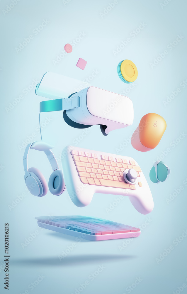 Poster collection of floating gaming devices, such as a keyboard, vr headset, and mouse, set against a soft