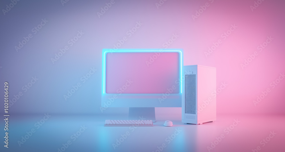 Poster modern desktop computer with a vibrant retro-styled monitor and a neatly positioned tower case. the 