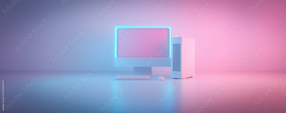 Poster retro-inspired computer setup featuring a minimalist vintage monitor with neon lighting. the setup i