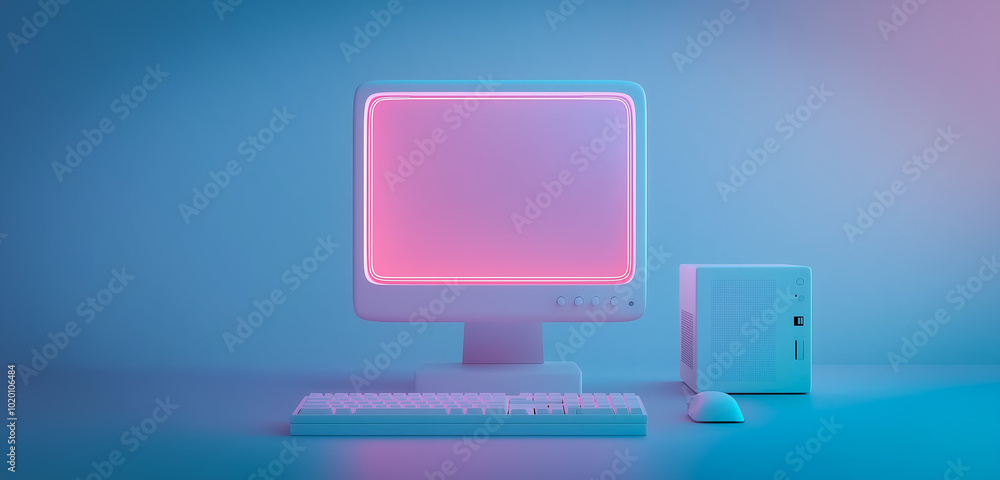 Poster compact computer system with a neon-lit vintage monitor and a small tower case. the setup is accompa