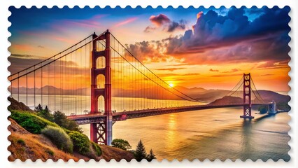 Fototapeta premium Vintage style stamp featuring the iconic Golden Gate Bridge in a vibrant sunset sky backdrop