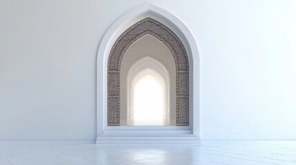 Fototapeta premium The background wall of the cinematic hallway door of Islamic architecture is white minimalist, the empty room leading into the mosque has a beautiful building in the foreground.
