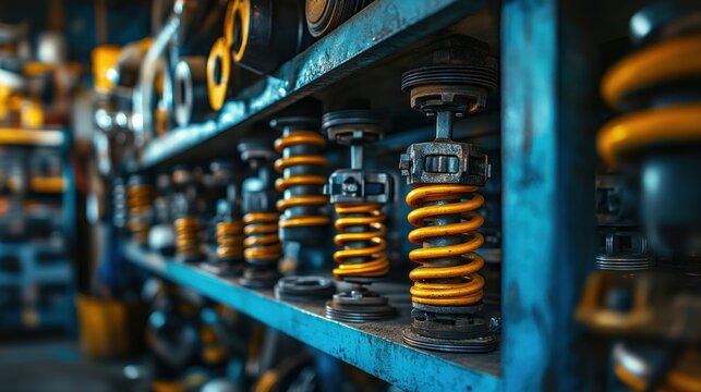 A set of shock absorbers and springs on a shelf in a garage, ready for replacement and modification of the car's suspension system."