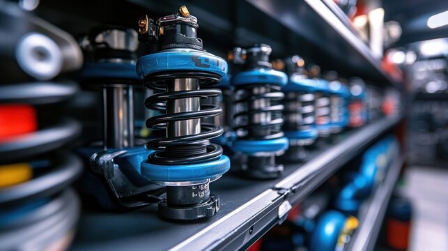 A set of shock absorbers and springs on a shelf in a garage, ready for replacement and modification of the car's suspension system."