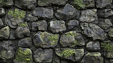 Fototapeta premium A textured stone wall with uneven surfaces, moss growing between the cracks, and a rustic feel