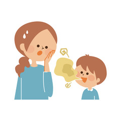 子供の口臭に気づくお母さん　かわいいイラスト素材
