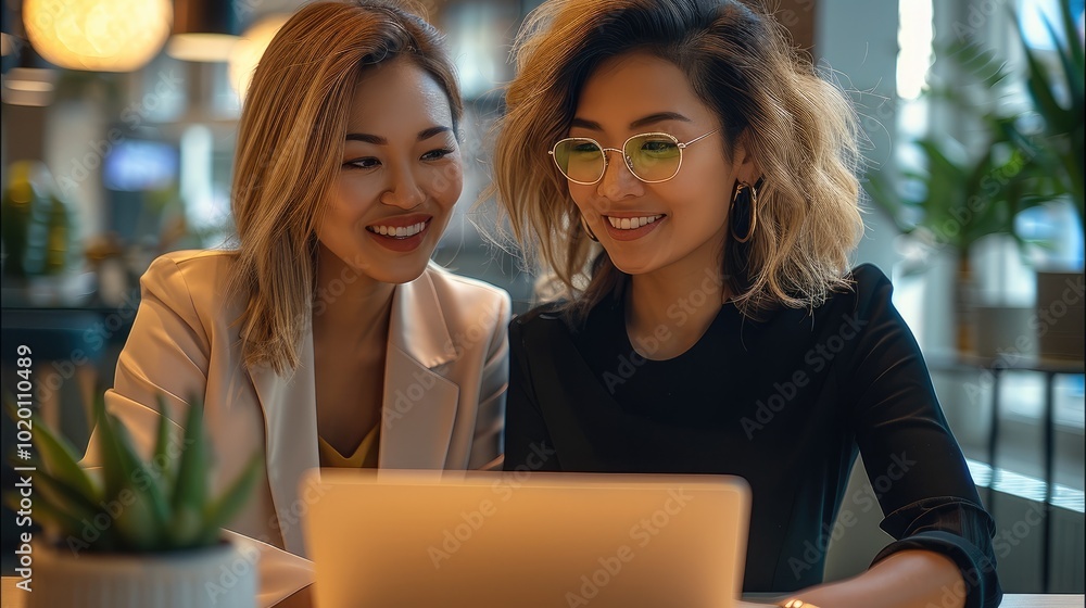 Wall mural In office with two professional women collaborating over laptops.