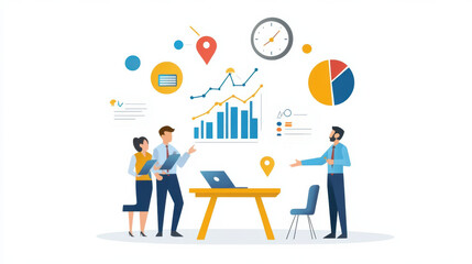 team discussing marketing strategy with visual data and graphs. atmosphere is collaborative and focused, showcasing teamwork and analysis