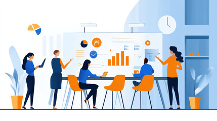 Collaborative team planning company rebranding strategy in modern office setting. group analyzes data and charts displayed on large screen, showcasing teamwork and creativity