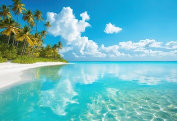Fototapeta premium vibrant beach scene clear turquoise waters under bright blue sky captivating sunlight reflections soft white sand, nature, shells, waves, seaside, coastline