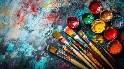 Fototapeta premium A vibrant collection of paints, brushes, and a partially completed canvas on an artist s desk, with a creative and lively atmosphere