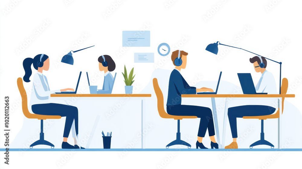Poster efficient teamwork in modern office setting, focusing on customer service improvement. individuals a