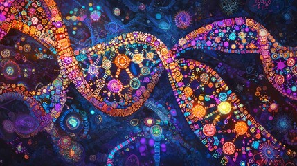 A vibrant depiction of a DNA double helix, with intricate patterns and glowing colors representing the complexity of genetics