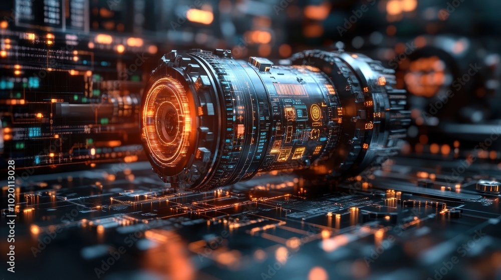 Poster futuristic lens with glowing circuitry in a tech environment.
