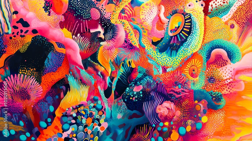 Poster A vibrant explosion of colors in abstract shapes, with bold neon patterns and playful textures swirling together