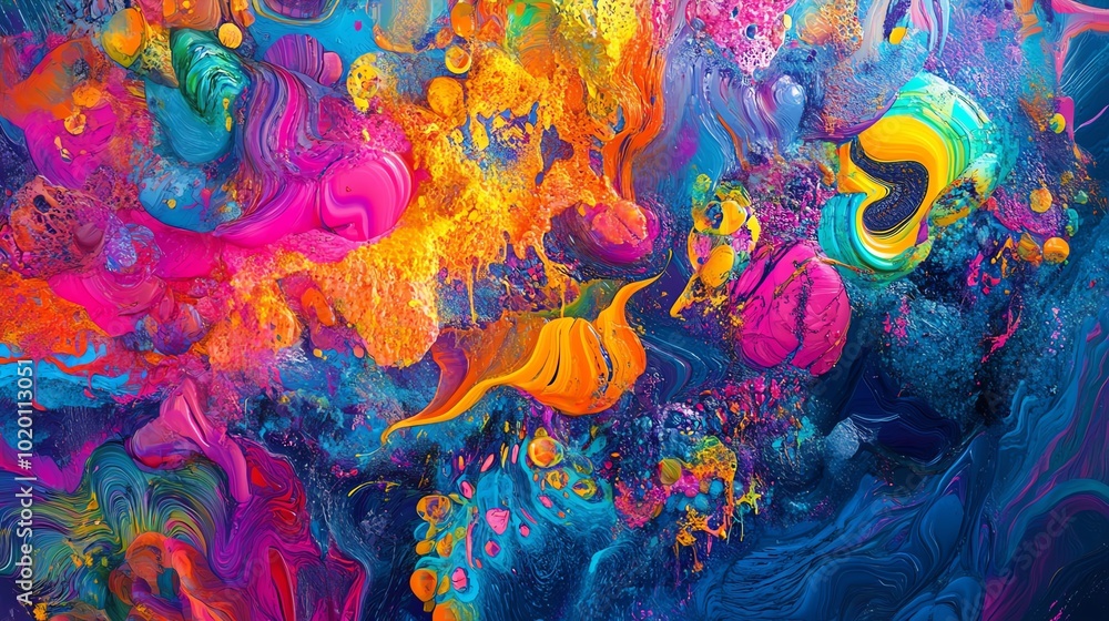 Aufkleber a vibrant explosion of colors in abstract shapes, with bold neon patterns and playful textures swirl