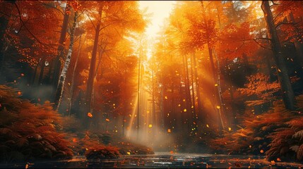 Naklejka premium A vast forest where every tree is caught in an autumn, their leaves a riot of amber, gold, and crimson. As the wind rustles through the trees.