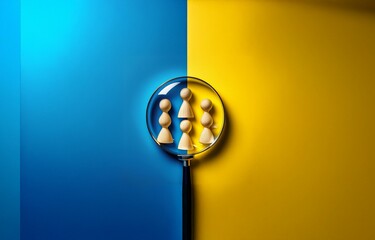 A magnifying glass is centered on a split background of blue and yellow, with wooden figurines inside it.