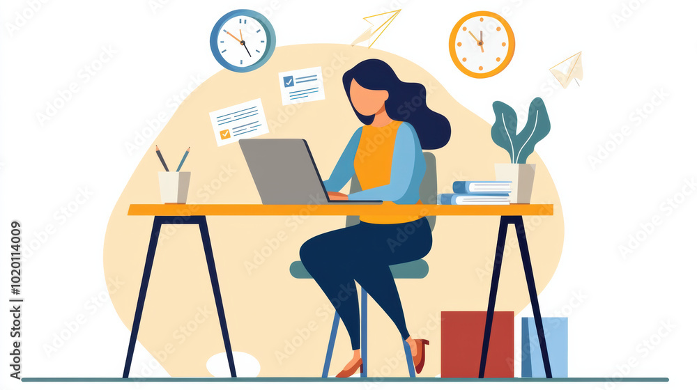 Poster woman is focused on sending emails and scheduling meetings while working at her desk. scene captures