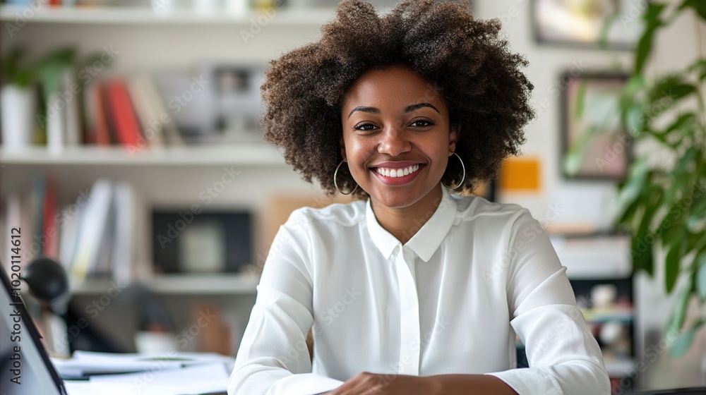 Poster Happy Young Woman Smiling in Modern Office Setting