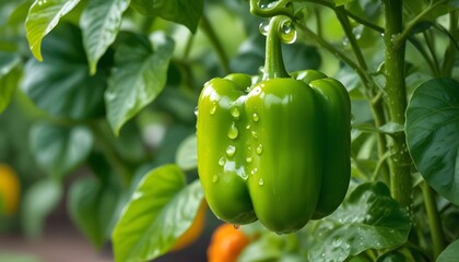 A green bell pepper hanging on a plant with lush green leaves, the pepper has water droplets on its surface