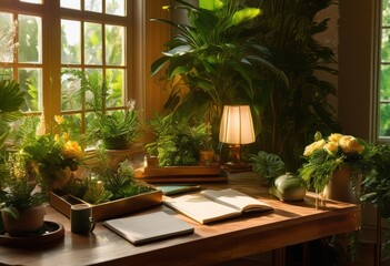 tranquil workplace arrangement featuring nature themed decor calming color palette organized accessories, ambiance, art, balance, beauty, candles, chair, clean