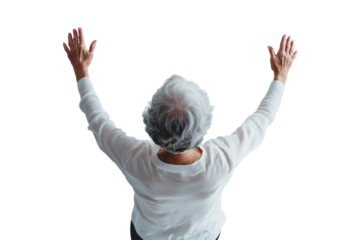 Elderly person with gray hair raising hands in a gesture of joy or celebration, isolated on white background.