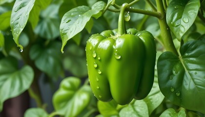 A green bell pepper hanging on a plant with lush green leaves, the pepper has water droplets on its surface