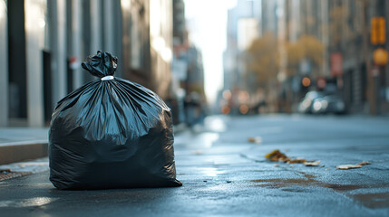 Obraz premium A close-up shot of a black garbage bag tied securely, sitting on a clean, urban street with a blurred background of city life, emphasizing waste management