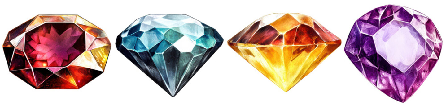 Colorful gemstones of various shapes arranged elegantly on a white background.