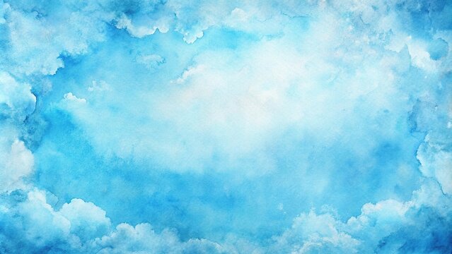 blue watercolor background with white clouds and pastel blue border